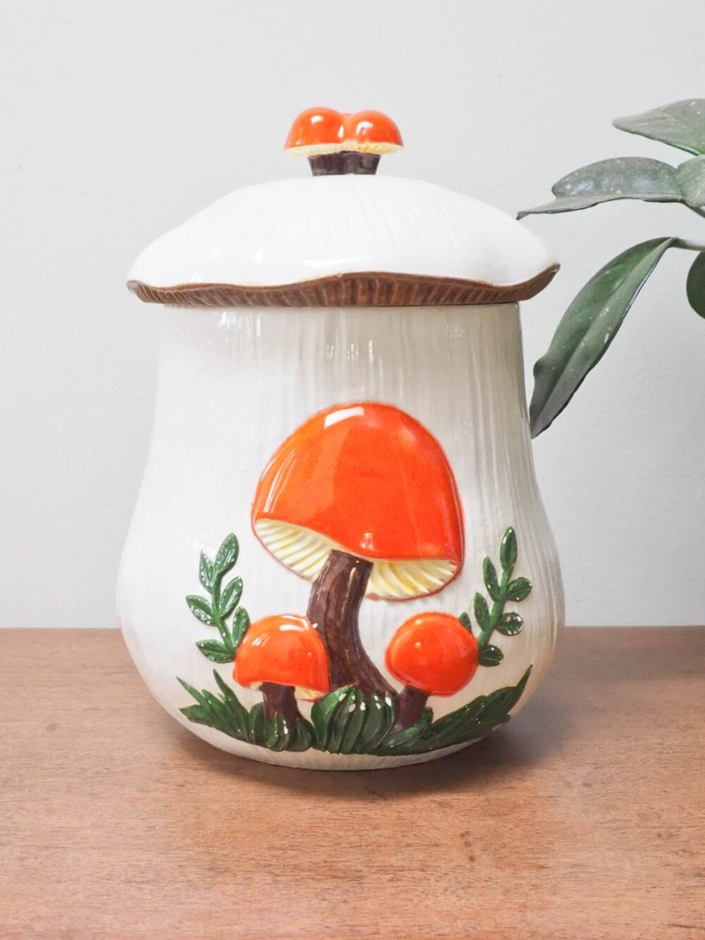 Vtg Ceramic Mushroom Cookie Jar - Large Mushroom Canister - 70s Fungi